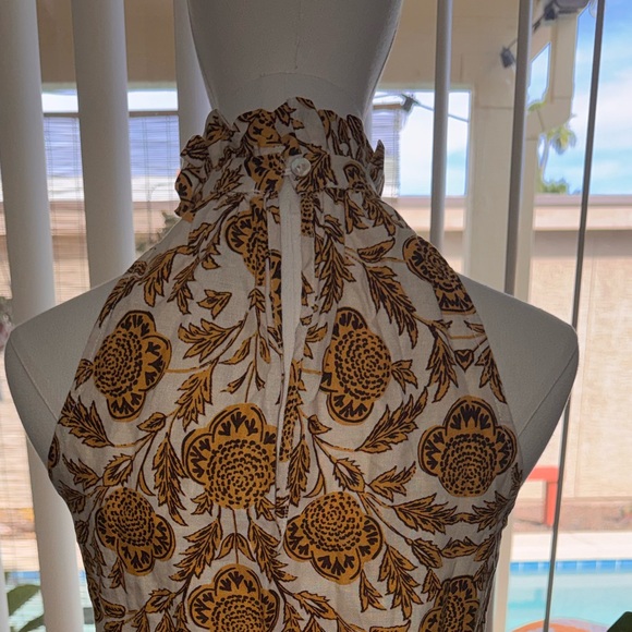Nicole Miller NY Cream & Golden Yellow Floral Ruffle Mock Neck Halter Top - SM - Picture 3 of 16